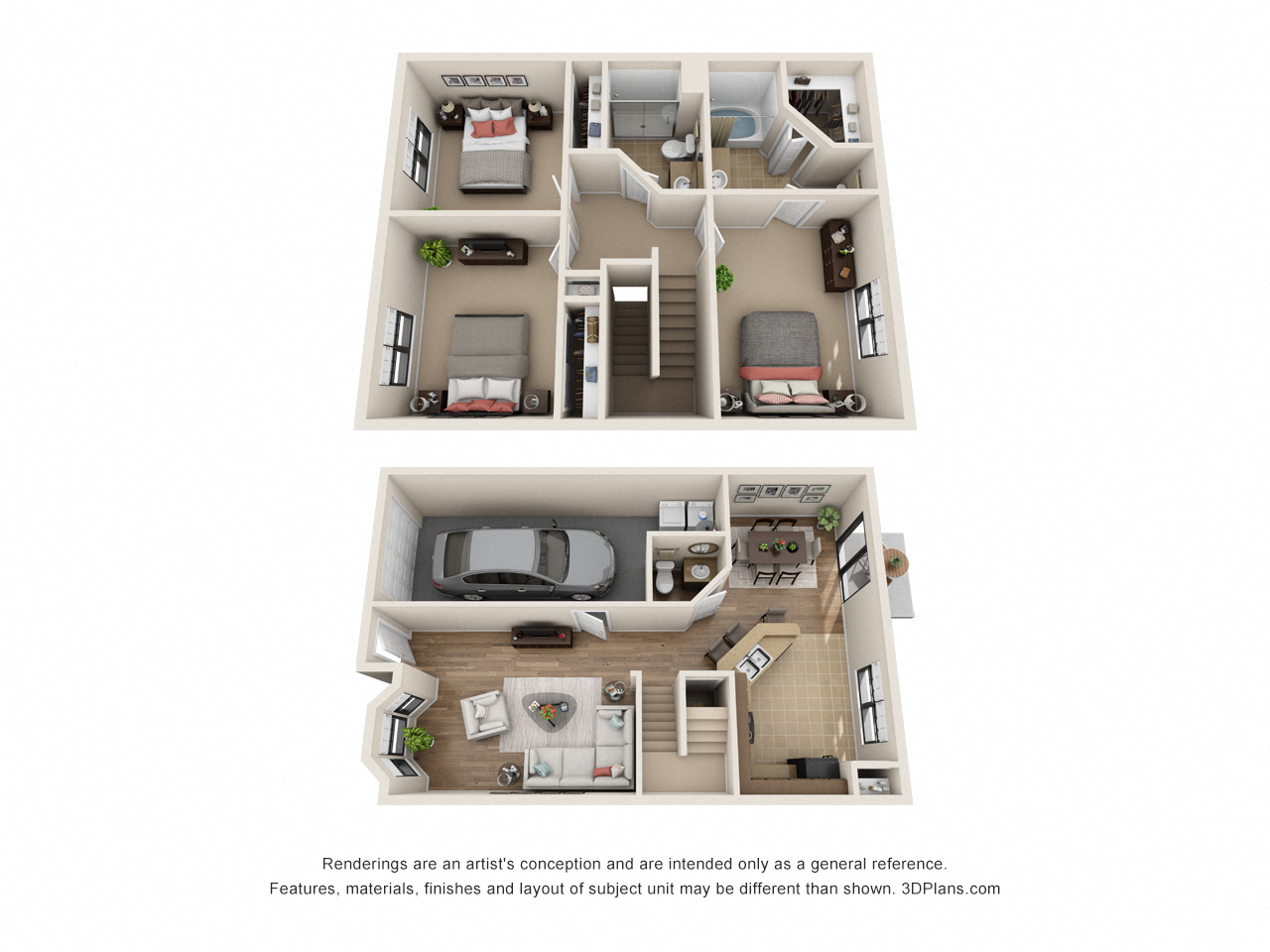 Floor plan for 3 beds, 2.5 baths, 1444 sqft